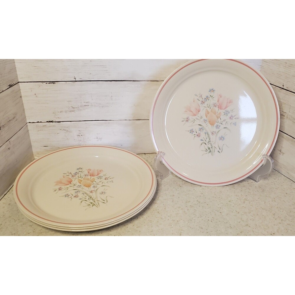 Corelle French Garden Tulip 10.25" Dinner Plates Set of 4 Vintage Pink Rim Flora